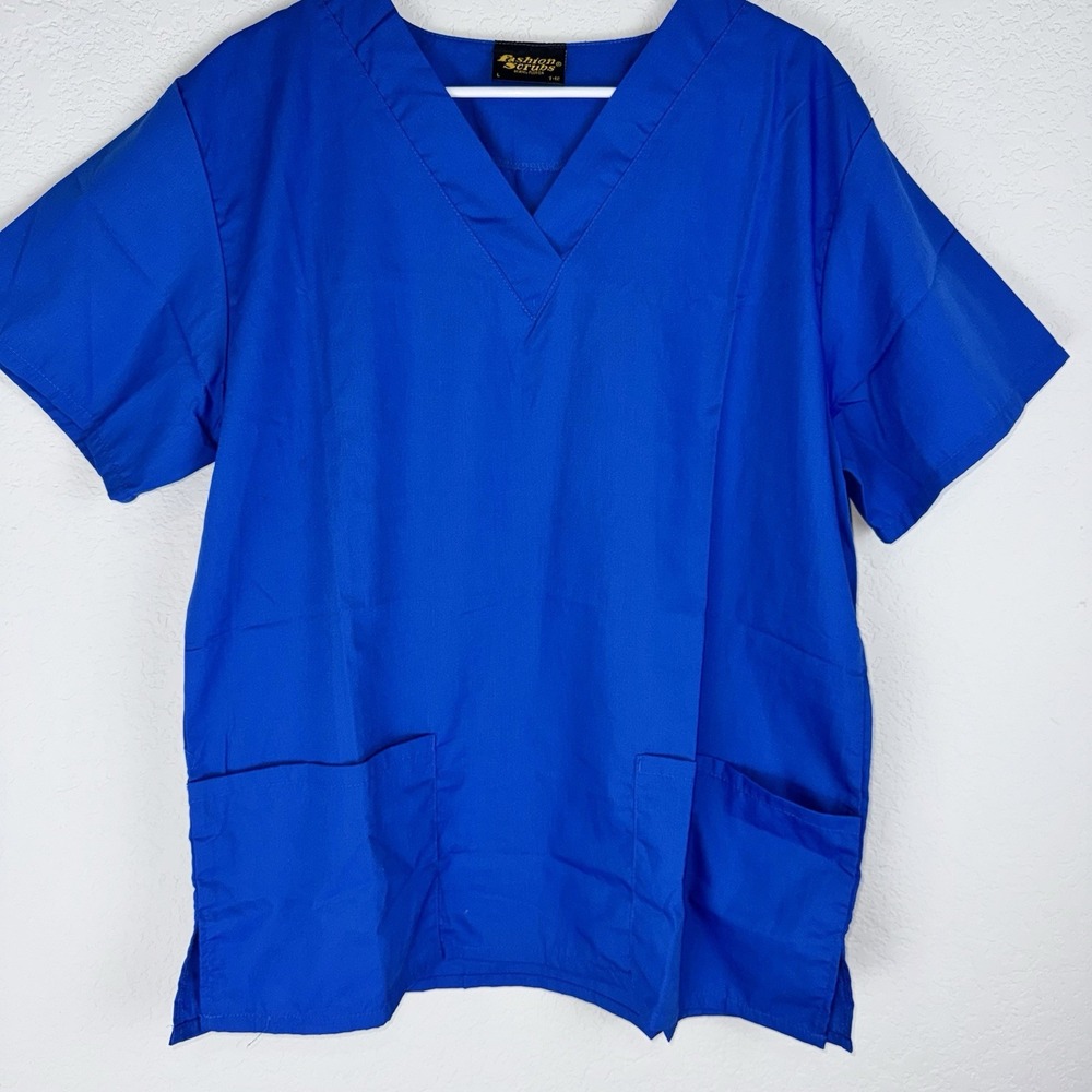 Fashion Scrubs Womens Large Royal Blue V Neck Medical Scrub Top 2 Pocket 0594